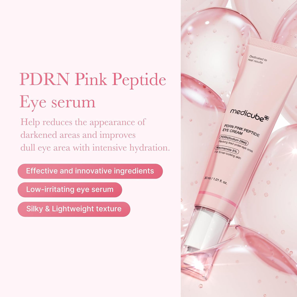 Medicube Salmon DNA PDRN Pink Peptide Eye Cream in a 30ml jar, featuring a smooth, pink-tinted formula for eye area hydration and rejuvenation.