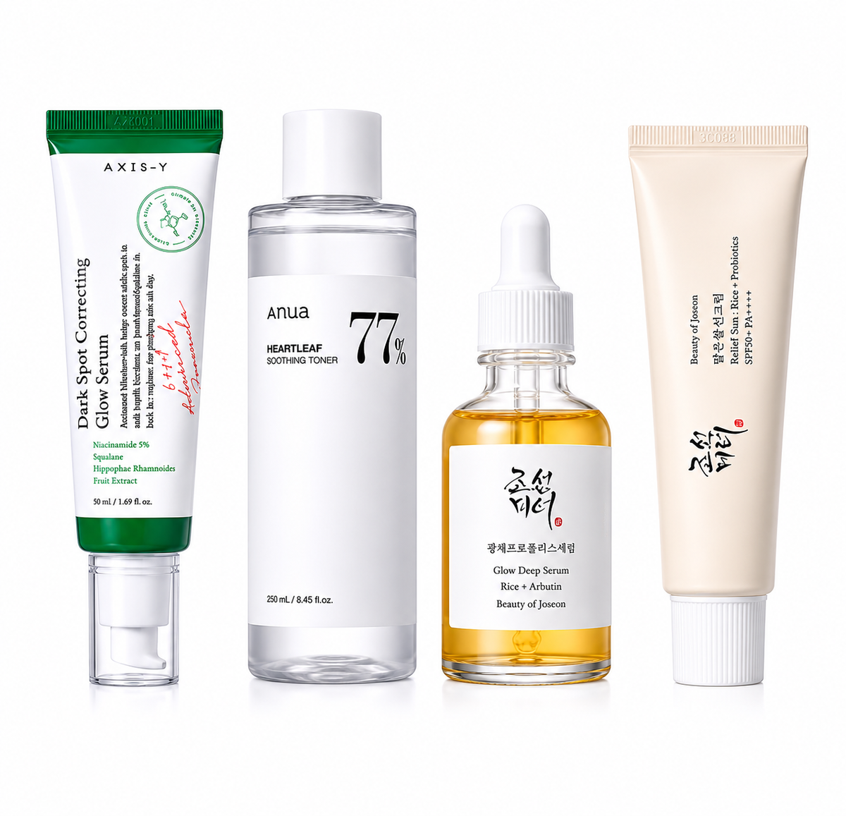 Korean skincare set with products from Axis-y, Anua, and Beauty of Joseon for dark spot repair and glowing skin.
