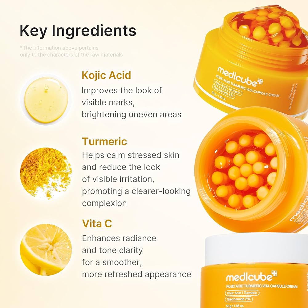 Medicube Kojic Acid Turmeric Vita Capsule Cream in a 53g jar, showcasing the cream’s smooth texture and vibrant packaging