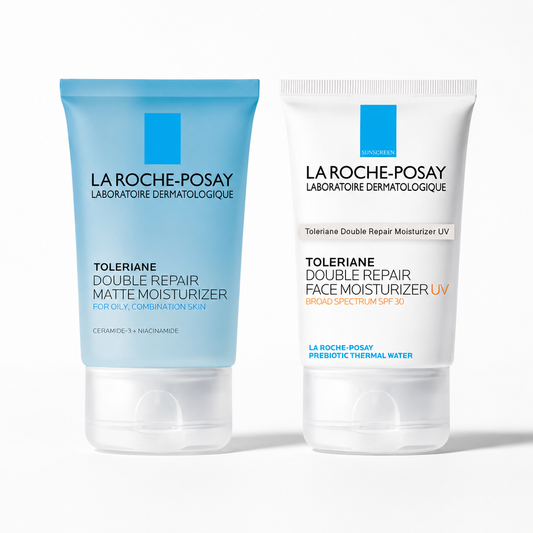 La Roche-Posay Double Repair Daily Duo with matte moisturizer and SPF 30 face moisturizer for barrier repair, oily skin care, and daily hydration.