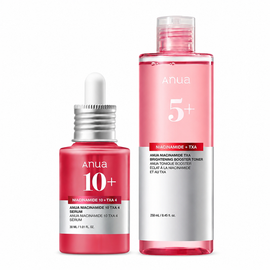 ANUA Niacinamide TXA Dark Spot Glow Duo with 10+ serum and 5+ brightening booster toner for glass skin glow and even skin tone.