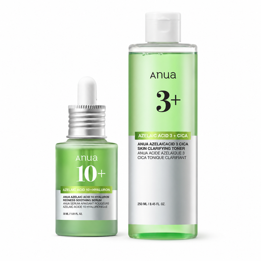 ANUA Azelaic Acid Clear Skin Duo with 10+ hyaluron redness soothing serum and 3+ CICA clarifying toner for calm, clear, glass skin glow.