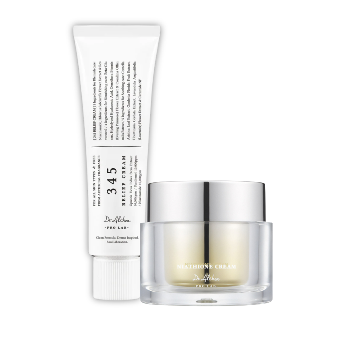 DR ALTHEA skincare set featuring DR ALTHEA 345 Relief Cream and Niathione Cream, displayed on a clean background.