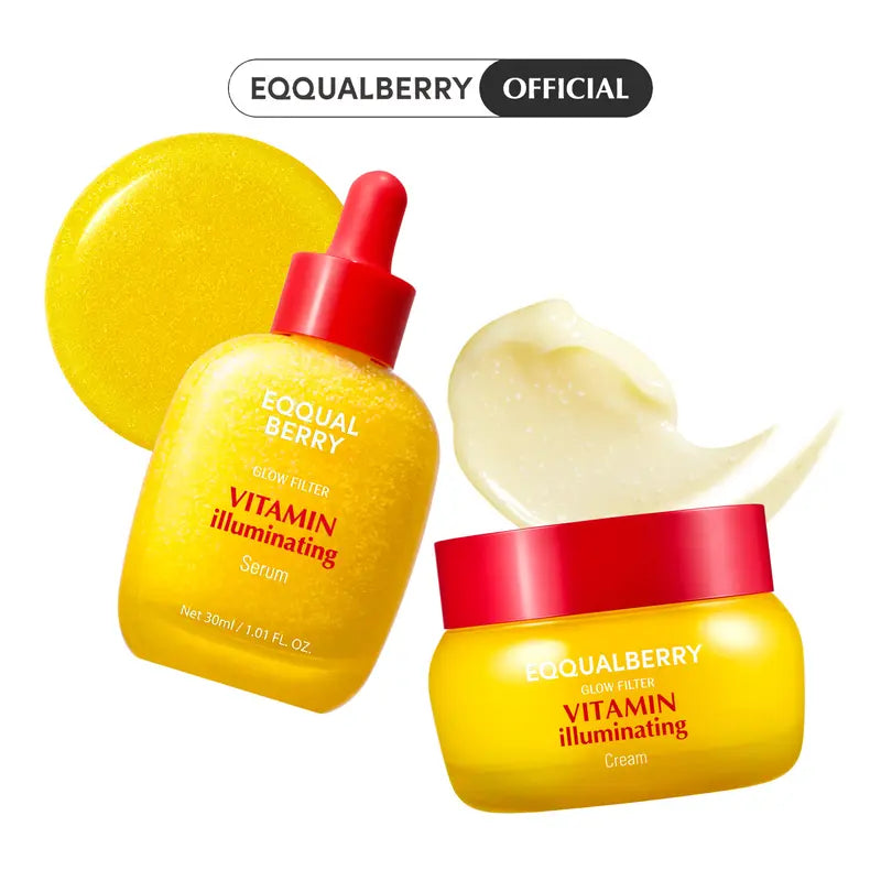 EQQUALBERRY Vitamin Illuminating Serum 30ml and Cream 50ml set, featuring nourishing skincare products with brightening ingredients.