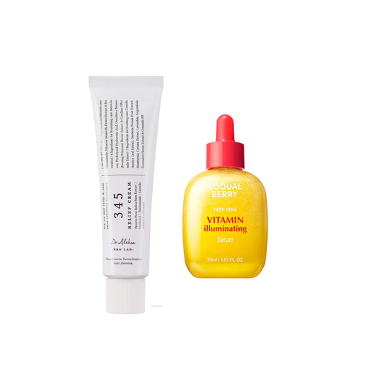 Dr Althea 345 Relief Cream and Eqqualberry Vitamin Illuminating Serum bottles, skin care products for brightening and relief.