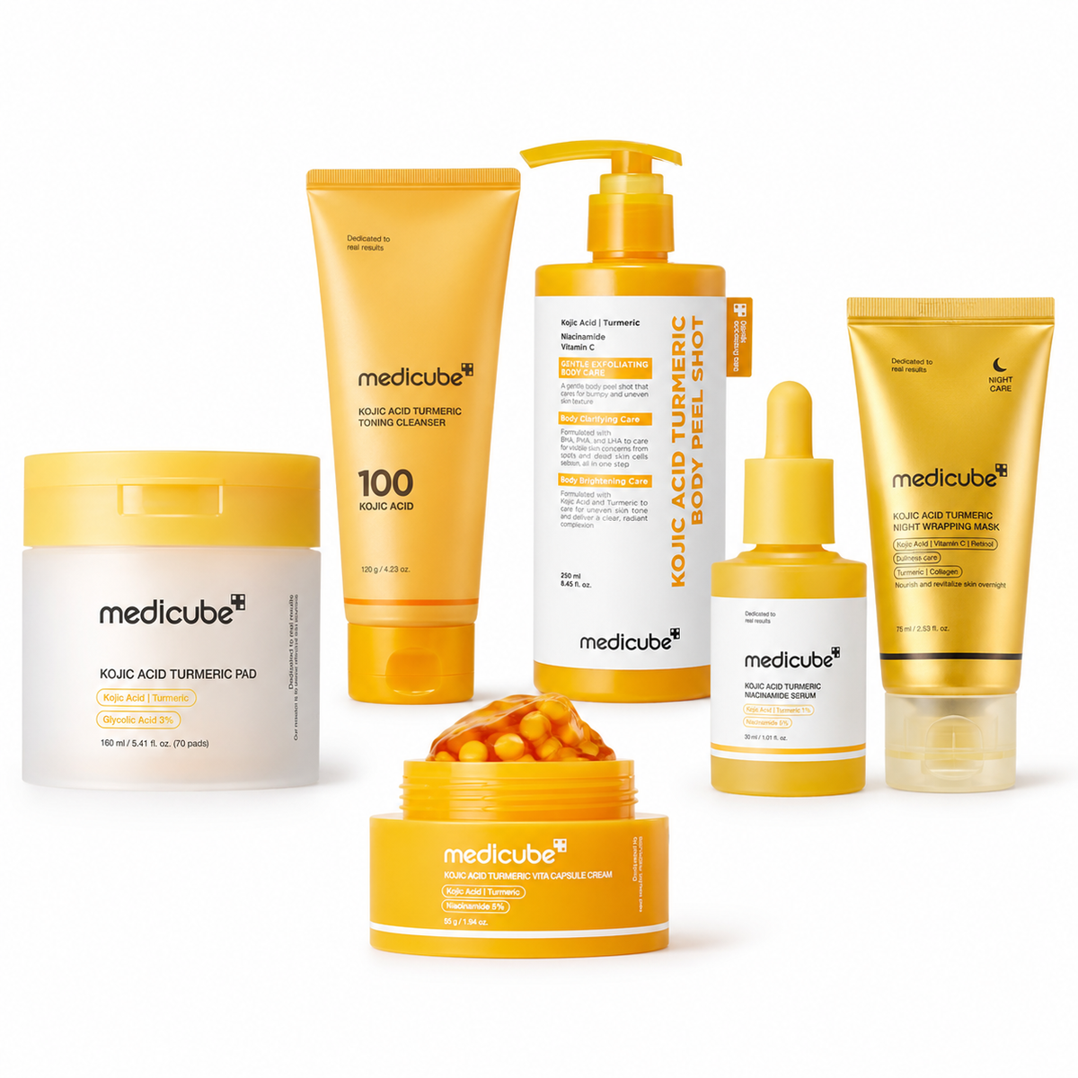 MEDICUBE Kojic Acid Turmeric Full Glow Set with serum cleanser pads cream mask and body peel at Glam Secret