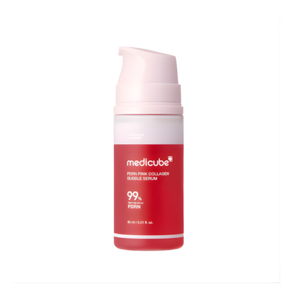 Medicube PDRN Pink Collagen Bubble Serum in a 95ml bottle, showcasing its pink color and serum pump top for skincare.