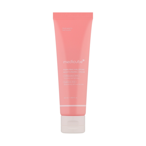 Medicube PDRN Pink Hyaluronic Moisturizing Cream 50g jar with pink and white packaging, showing the cream inside glam secret
