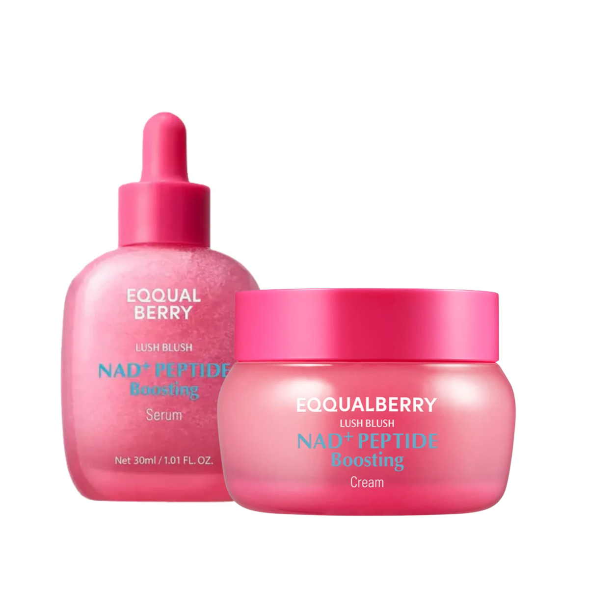 EQQUALBERRY NAD+ Peptide Boosting Serum and Cream set, featuring a serum and moisturizer for radiant skin.