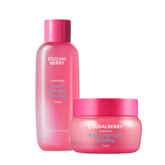 EQQUALBERRY NAD+ Peptide Glow Set featuring a toner and cream for radiant skin, with bottles labeled NAD+ and PDRN.