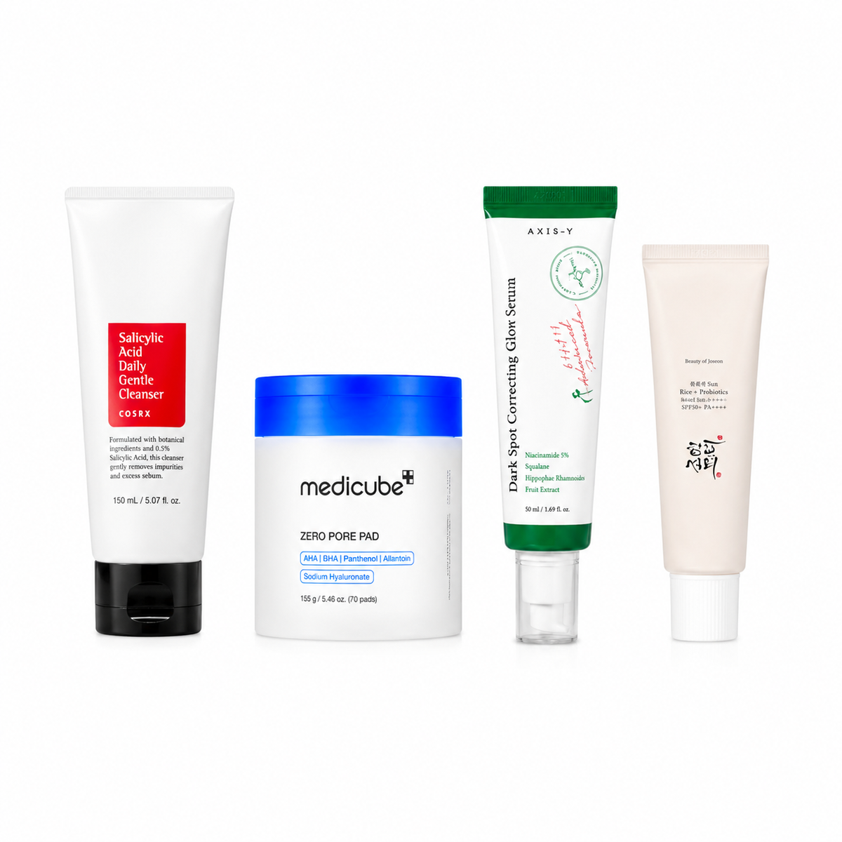 Korean skincare set for oily skin featuring Axisy-y, Beauty of Joseon, Cosrx, and Medicube products for oil control and skincare.