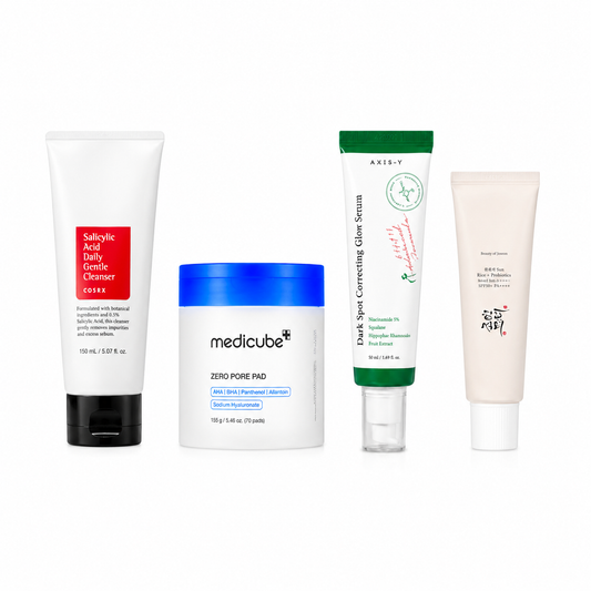 Korean skincare set for oily skin featuring Axisy-y, Beauty of Joseon, Cosrx, and Medicube products for oil control and skincare.