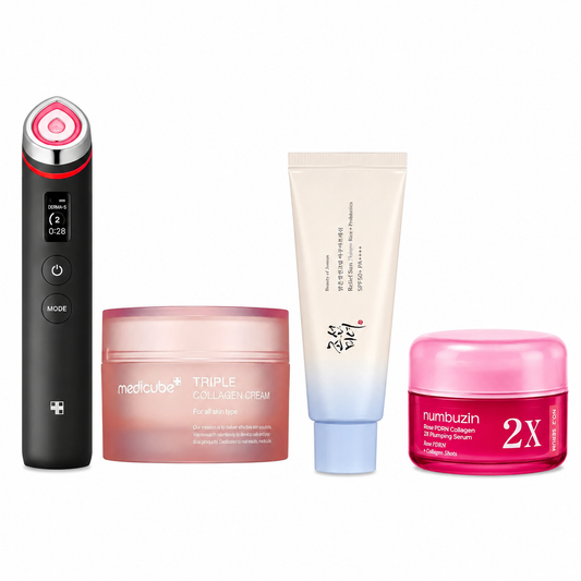 Korean skincare set with products from Beauty of Joseon, Medicube, and Numbuzin for achieving glass skin glow.