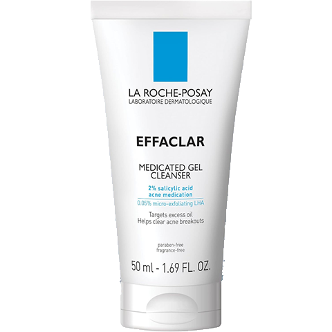 Cerave Effaclar Medicated Gel Cleanser in a white tube with blue cap, designed for oily and acne-prone skin.