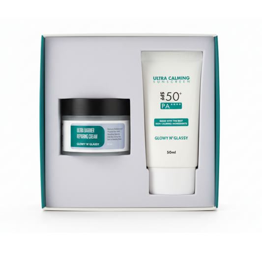 GLOW N' GLASSY Ultra Repair Repairing Cream & Ultra Calming Sunscreen Set - Glam Secret