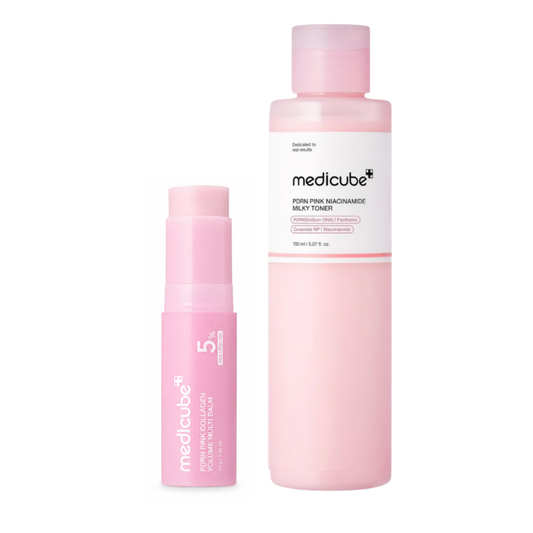 MEDICUBE PDRN Soft Glow Set with Pink Niacinamide Milky Toner and Pink Collagen Volume Multi Balm for hydrated dewy skin