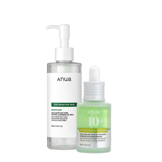 Anua Azelaic Acid 10 Hyaluronic Serum and Heartleaf Cleansing Oil set in bottles and packaging, skincare products for face.