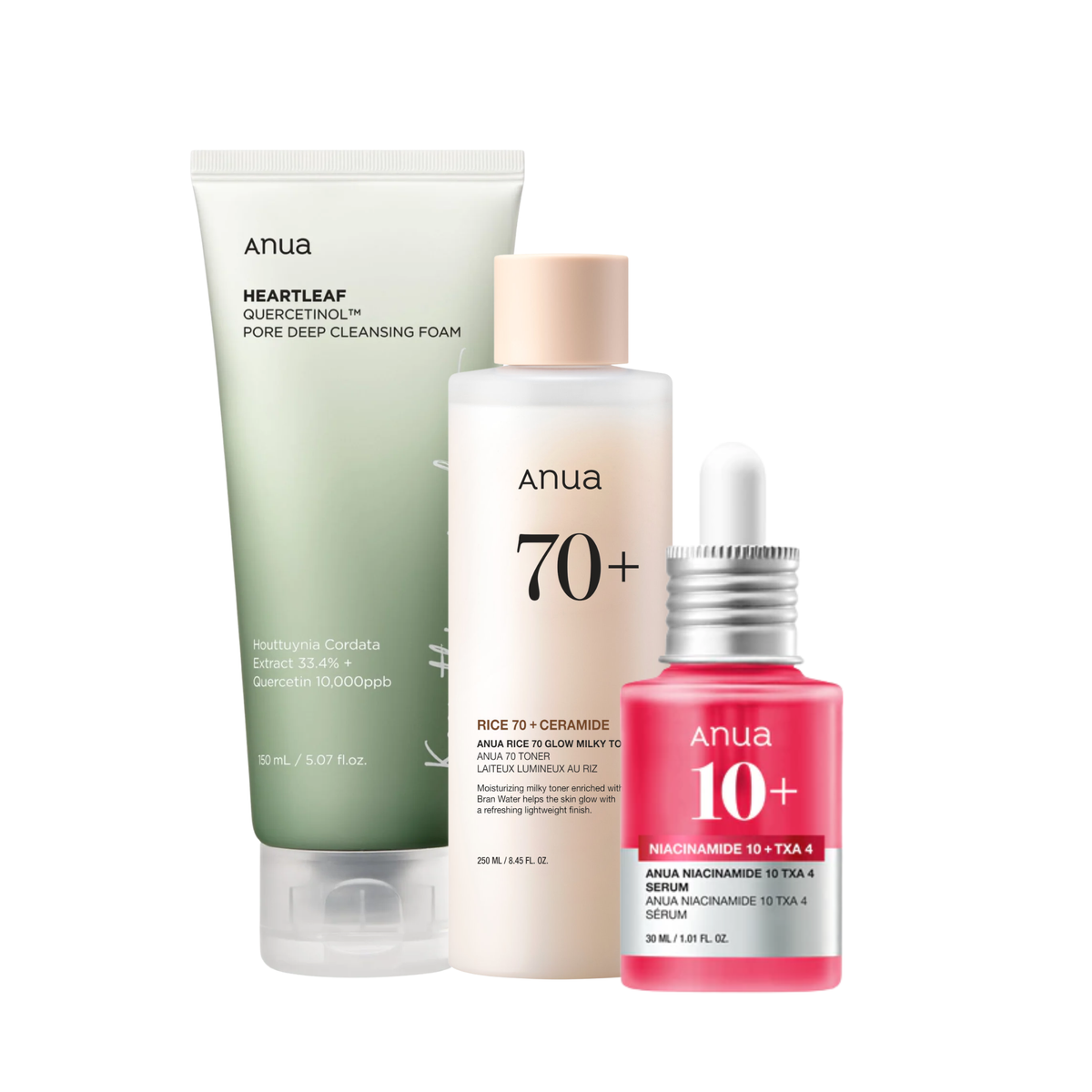 ANUA Glass Skin Brightening & Pore Care Set – Heartleaf Cleansing Foam, Rice 70 Glow Toner & Niacinamide TXA Serum - Glam Secret