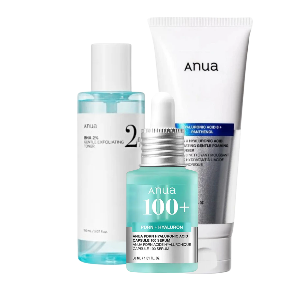 ANUA BHA 2% Gentle Exfoliating Toner, Hyaluronic Acid 8+ Panthenol Foaming Cleanser & PDRN + Hyaluron Serum Set - Glam Secret