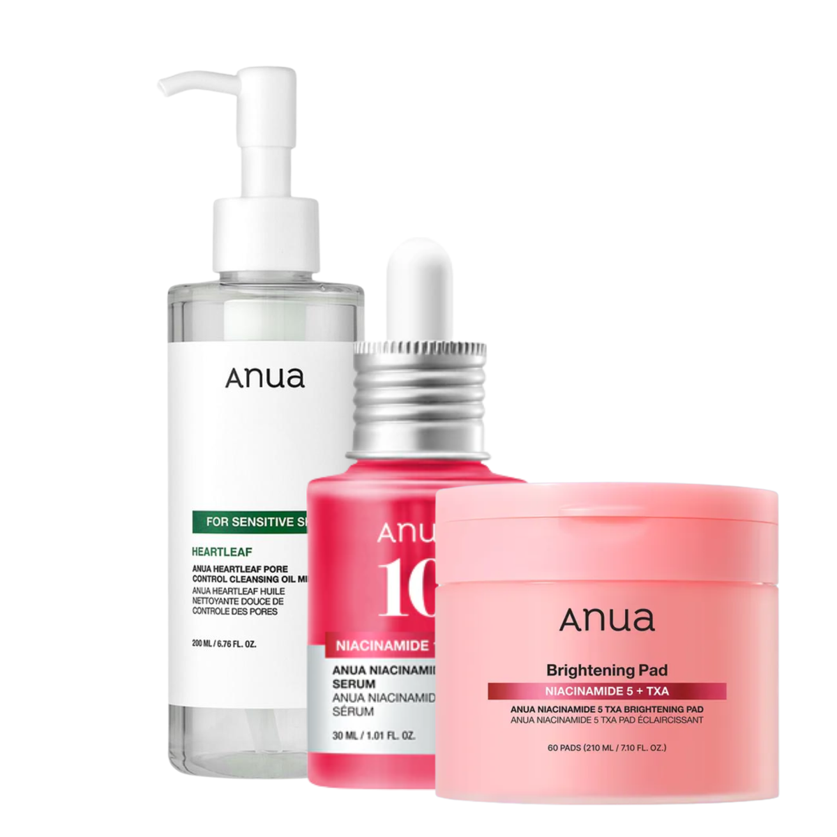ANUA Heartleaf Pore Control Cleansing Oil Mild, Niacinamide 5 TXA Brightening Pads & Niacinamide 10% + TXA 4% Serum Set - Glam Secret