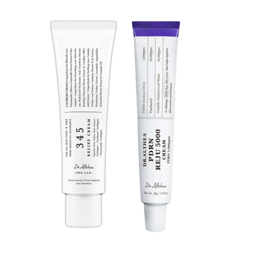 Dr. Althea Relief Cream and Reju 5000 Cream set with two skincare jars, featuring white and purple packaging.