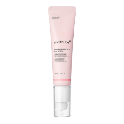 Medicube Salmon DNA PDRN Pink Peptide Eye Serum in a 30ml jar, showcasing the pink eye cream with a smooth texture and elegant packaging.