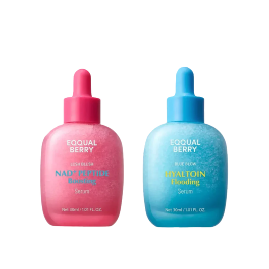 EQQUALBERRY Glass Skin Peptide Glow Duo serum bottles with clear glass containers and elegant labels.