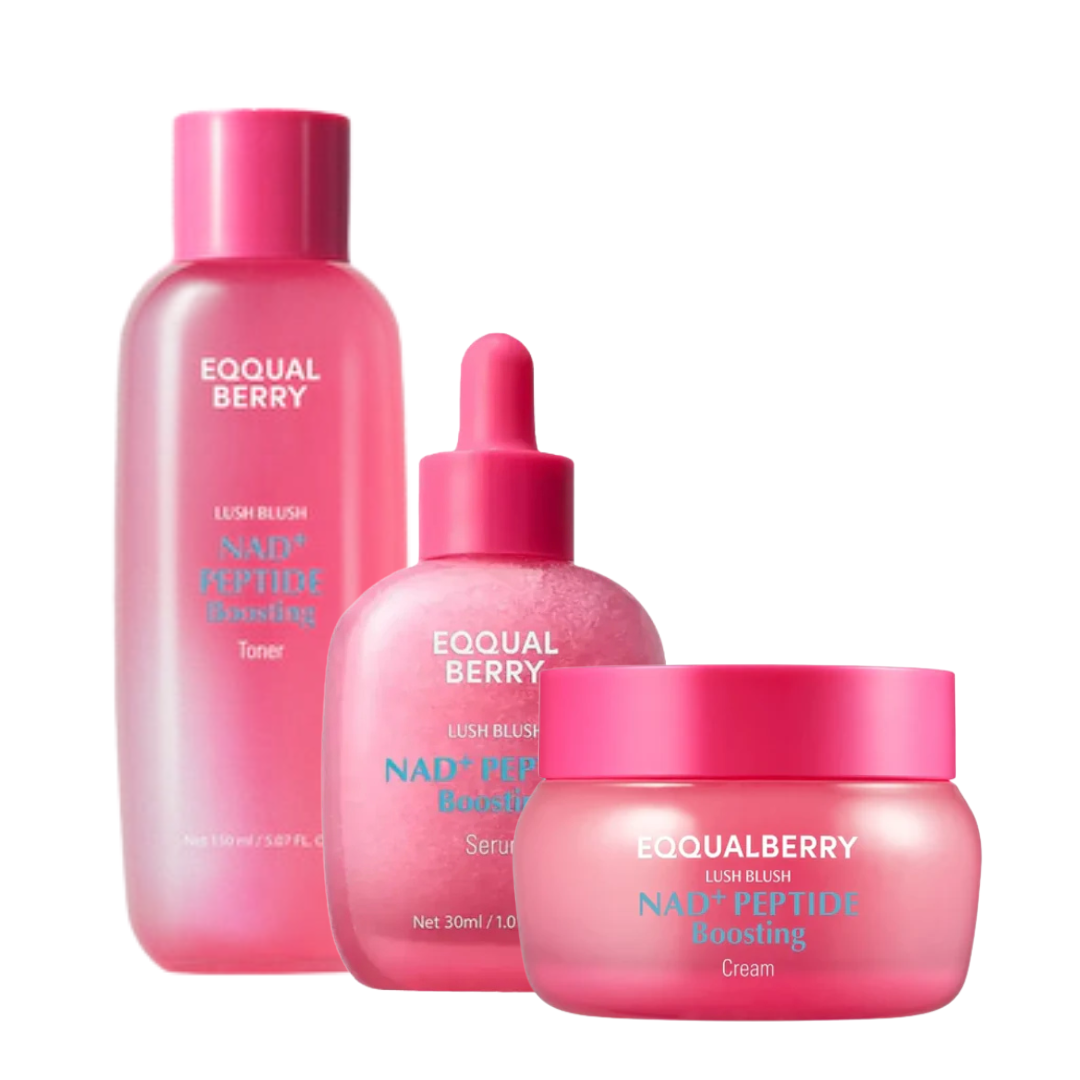 EQQUALBERRY NAD+ Peptide Boosting Set featuring skincare products with rejuvenating formulas and sleek packaging.