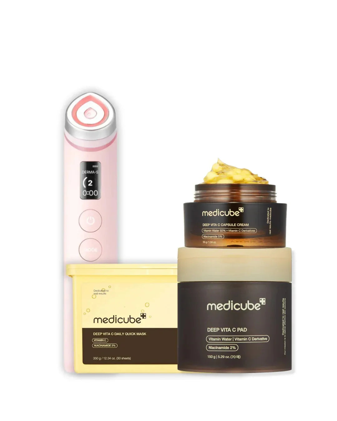Medicube AGE-R Booster Pro Pink Spotless Radiance Set with skincare products and packaging, designed for brightening and anti-aging.