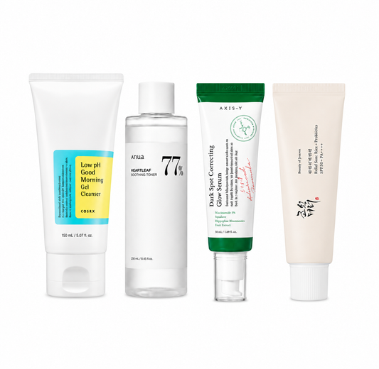 Korean skincare set featuring Cosrx, Anua, Axis-y, and Beauty of Joseon for clear glow and acne-prone skin.