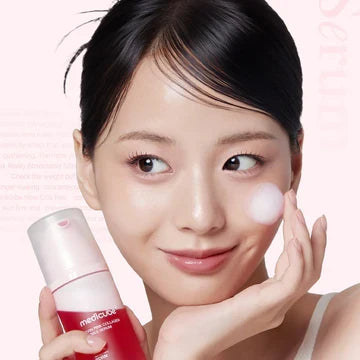 Medicube PDRN Pink Collagen Bubble Serum 95ml bottle with a pump dispenser, showcasing the pink packaging and product label.