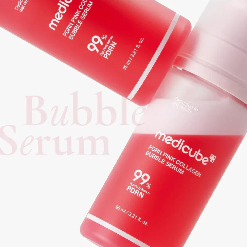 Medicube PDRN Pink Collagen Bubble Serum 95ml bottle with pink label and applicator for youthful skin care.